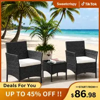 Sweetcrispy 3-Piece/4-Piece Patio Set, PE Rattan Outdoor Bistro Furniture Set with Tempered Glass Coffee Table & Washable Cushions, Compact Conversation Seating for Balcony, Garden, Bistro Set