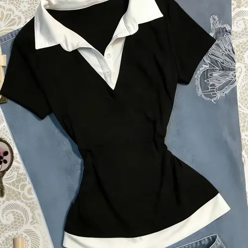 Women's Colorblock Polo Shirt, Long Sleeve Fitted Collared Top, Plain Pattern, Casual Sweet Cute Chic Versatile T-Shirt, Perfect for Everyday Wear