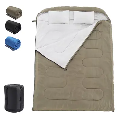 Double Sleeping Bag for Adults Mens with Pillow, XL Queen Size Two Person Sleeping Bag for All Season Camping Hiking Backpacking 2 Person Sleeping Bags for Cold Weather & Warm