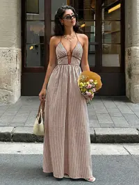Deep V-Neck Striped Backless Sleeveless Halter Statement Dress, Elegant Evening Party Gown, Formal Wear for Special Occasions, Elegant Formal Style, Evening Party Dresses