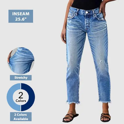 Flamingals Raw Hem Ripped Mid Waist Straight Leg Crop Jeans Womenswear Stretchy 25.6" Inseam