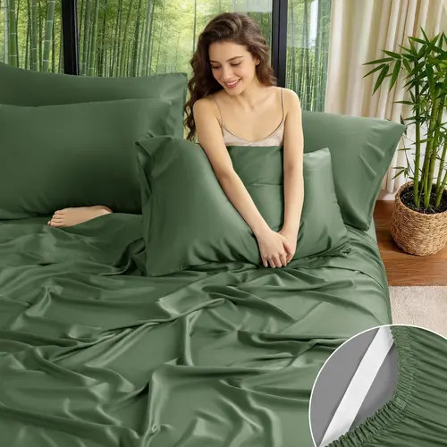 Pure Bamboo Viscose Sheet 4/6Pcs Set With Elastic Straps Non Slip Deep Pocket 6-18 Inch Secure Fit Cooling Breathable Silky Soft Hotel Style Bedding,summerwins