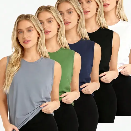 OKP 5 Pack Plus Size Women's Sleeveless Sports Vest, Loose Fit Breathable Workout Tank Tops, Moisture Wicking Yoga Tops, Casual Daily Layering Tanks For Gym, Running,Lounging
