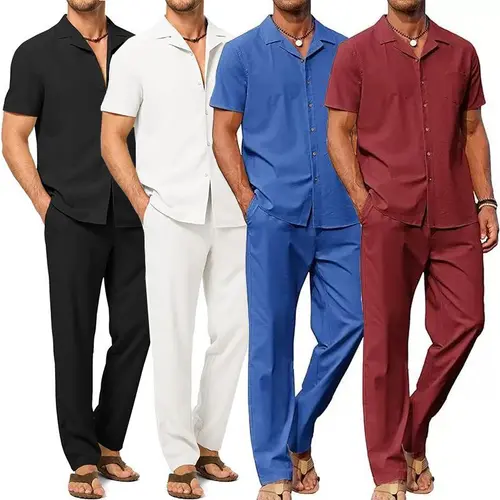 Men's two-piece casual polyester shirt and trouser set-short-sleeved button-down top with matching loose pants for summer, beach, vacation and daily wear