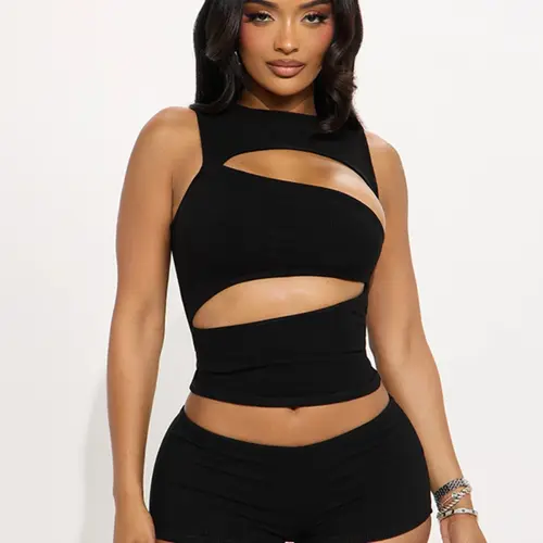 Women's Solid Color Sleeveless Waist-Cinching Top & Slim Fit Shorts Set, Chic Stylish Hollow Out Design, Perfect for Outings and Dates, Womenswear
