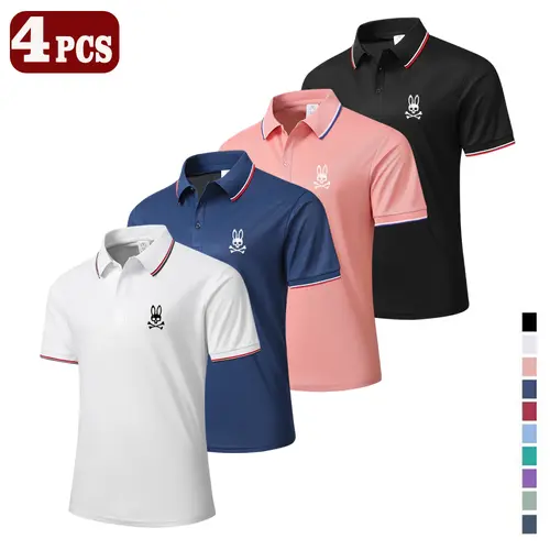 Men's 4-Piece Cute H-Type Button Polo Shirt Set, Printed, Breathable Cool Fabric, Mixed Colors, Menswear Top, Suitable for Multiple Seasons - Ideal Holiday Gift, All-Season