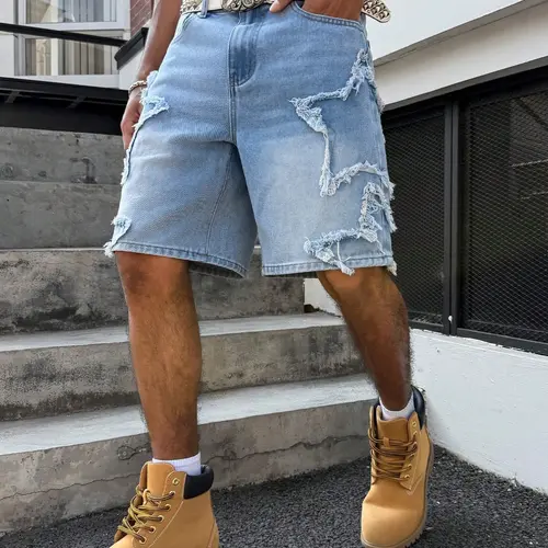 Light Blue American Vintage Washed Denim Five-Pocket Shorts for Men, Summer Loose-Fit Baggy Slimming Wide-Leg Star-Print Casual Summer Style Shorts