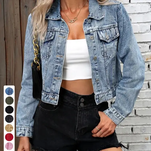 Women's Vintage Short Denim Jacket Coats, Single Button Long Sleeve Denim Top, Casual Daily Wear, Stylish Short Denim Outerwear