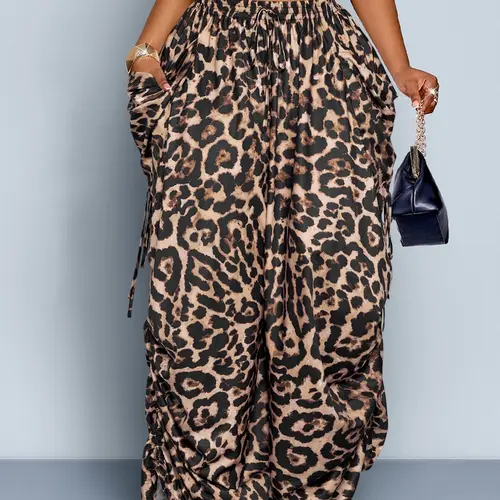 Women's Plus-Size Leopard Print Wide-Leg Pants, High-Waisted with Adjustable Elastic Waistband, Loose-Fitting Long Pants, Casual All-Season Fashion, Bottom, Casual Loose Fitted