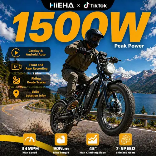【Hieha】1500W E-Bike 2.0 :CarPlay & AndroidAuto| Dual Dash Cameras (Front & Rear)|App Control|FullSuspensionTop Speed 34MPHRange 40+ Miles | 48V 15AhRemovableBatterylLED Headlights 20-InchAll-Terrain Fat Tires lUL2849Certified ebike|Father's Day gift