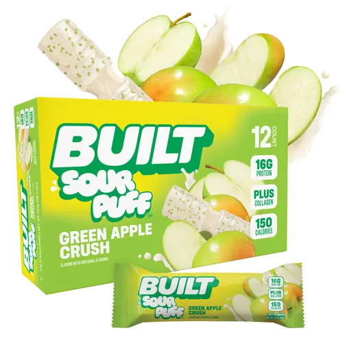 Official BUILT Bar, Sour Puff Protein Bars, Green Apple Crush, 16g Protein Snacks, On-The-Go Bars, Only 150 Calories, 8g Sugar, Collagen, Gluten Free