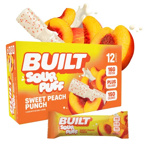 Official BUILT Bar, Sour Puff Protein Bars, Sweet Peach Punch, 16g Protein Snacks, On-The-Go Bars, Only 150 Calories, 8g Sugar, Collagen, Gluten Free