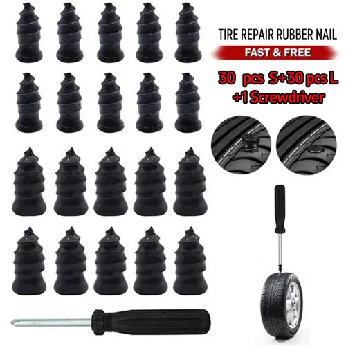 【toolupgrade】60 Pcs 2-Size Tire Repair Screws Plug Kit with 1 Screwdriver, Self-service Tire Repair Vacuum Rubber Nails for Car/Motorcycle/Truck/Tractor, Fast Puncture Repair Supplies, Cars/Motors/Trucks, Dual-Size Set
