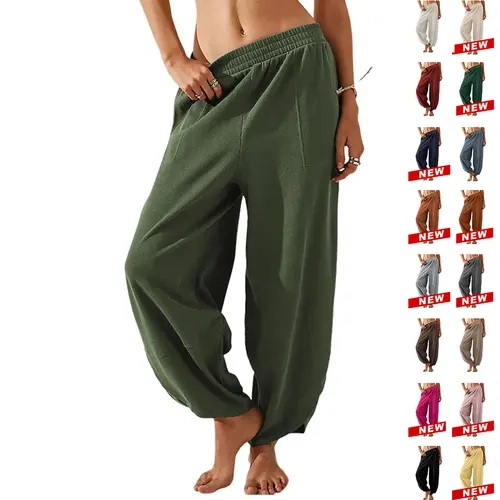 Tanming Womens Boho Baggy Wide Leg Pants Elastic Waist Lantern Trousers Tulip Hem Casual Hippie Pants