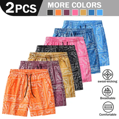 [ Summer Atmosphere ] Men's all printed ice silk quick drying casual beach shorts for summer, lightweight, breathable, quick drying, casual, loose, fashionable, versatile shorts 5PCS value combination