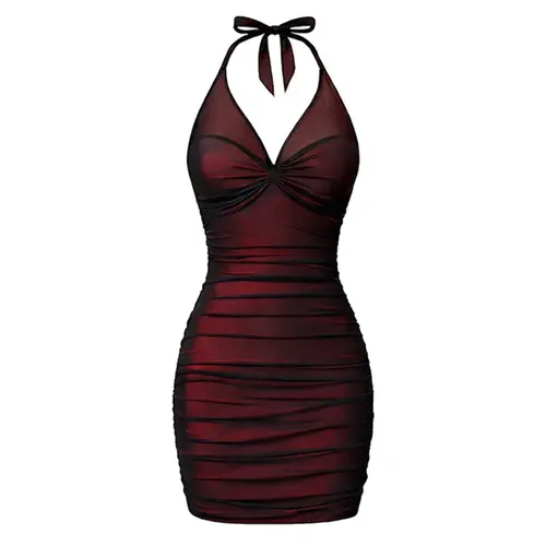 HYZ Women's Sexy Halter V Neck Sleeveless Bodycon Ruched Color Block Short Mini Summer Club Party Dress