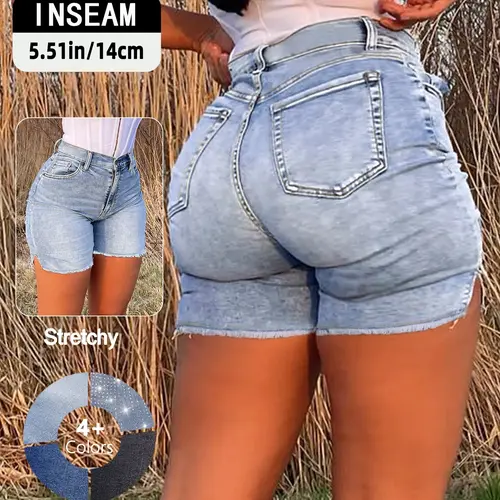 GILIPUR Women's Light Blue High Waist Elasticity Denim Shorts, Y2K Vintage Side Split Frayed Hem Mid Length Jean Shorts, Casual Streetwear Slim Fit Shorts for Summer, Beach & Daily Wear TChic