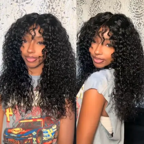 [NEW IN]Unice Boho Curly Human Hair Wig with Bangs 4X2 Lace T Part Effortless Shaggy Waves Glueless Pre-Styled Wig with invisi Drawstring,sohochic