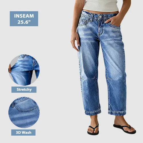 Flamingals Seaming Detail Mid Waist Straight Leg Crop Jeans Stretchy 25.6" Inseam Casual Fit