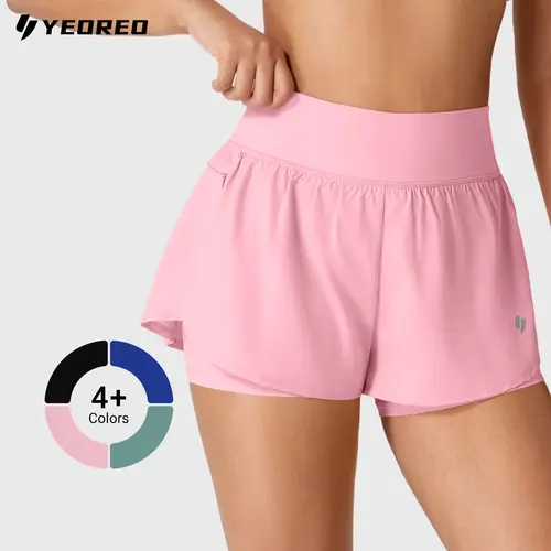 Yeoreo Women's 2-in-1 High Waisted Running Shorts with Zip Pockets or Side Slit Tummy Control Workout Gym Athletic Shorts lightweight casual short,travel essentials,camping essentials