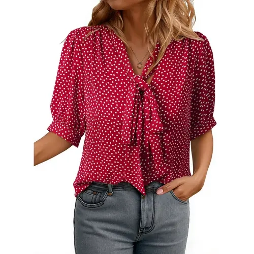 Dokotoo Blouses for Women Dressy Casual Short Sleeve Shirts Bow Tie Neck Work Tops Business Casual Outfits