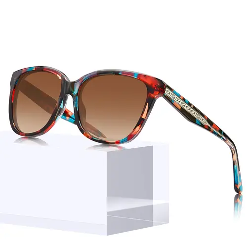 CARFIA Women's Polarized Square Sunglasses - Retro Italian Design, Glossy Blue Tortoise Hand-Polished Acetate Frame, Gray Polarised Lenses, Strong Metal Hinges, Bold Colors, Full Rim Casual Female Eyewear with Soft Lenses Cleaning Wipe
