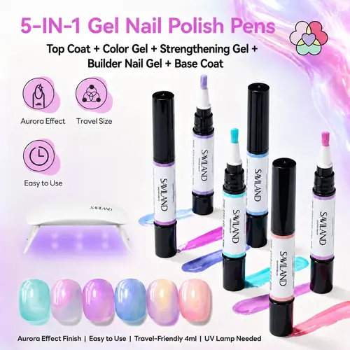 SAVILAND 5-in-1 Aurora Cat Eye Gel Nail Polish Pen - All-in-1 Base, Color & Top Coat, UV/LED Cured, Portable DIY Manicure Cosmetic with Smooth Brush, Durable Glossy Finish Nail Supplies