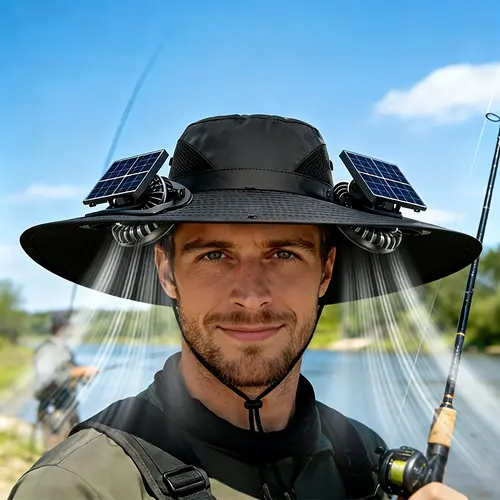 Solar outdoor fishing hat with 2 fans, wide brim for summer sun protection, bucket hat style, quick-drying, rechargeable, adjustable headband, cool and breathable, high airflow, long battery life, suitable for various outdoor activities.,summerwins,father