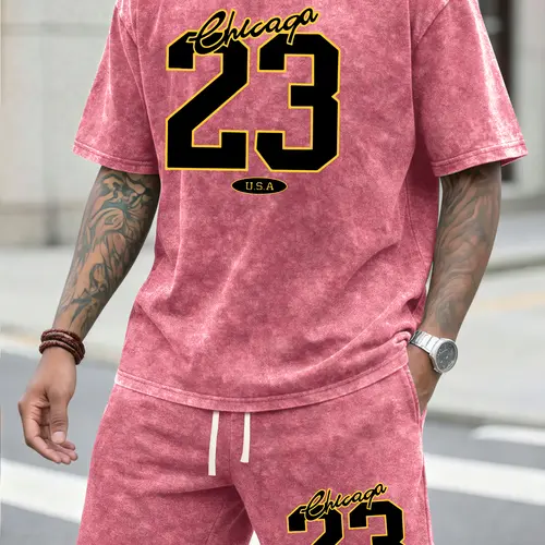 Men’s Vintage Acid-Wash Number 23 Graphic T-Shirt and Shorts Set, Short-Sleeve Crew Neck Tee with Drawstring Shorts, Casual Cotton Two-Piece Summer Outfit for Everyday Wear, Travel, Gym, Beach, Vacation, and Weekends