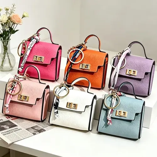 Mini Square Bag Pendant Keychain - High Quality Leather with Colorful Strap, Cute Car Keychain & Bag Charm Accessory