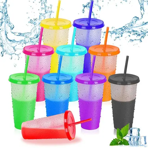 10pcs 24oz Color Changing Cups with Lids and Straws, Color Changing Tumbler, Reusable Cups with Lids in Multicolors Perfect for Cold Drinks, Cold Coffee, Smoothie etc,sohochic
