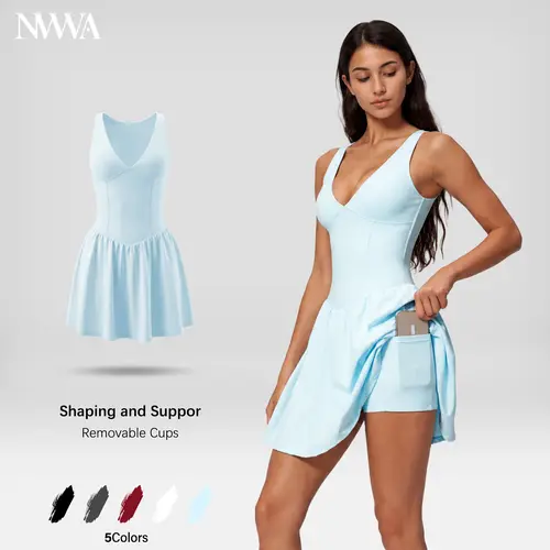 NVWA Women's Quick Dry Athletic Dress - Summervibes, Sexy V-Neck, Strappy Sleeveless, Slim Fit, Fitted Waist, Open-Back, Soft Stretch Nylon Fabric, Cooling, Figure-Flattering, Arm-Showing Straps, for Sports, Casual Wear