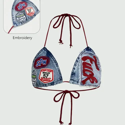 Women's Y2K Vintage Slogan Logo Embroidered Tie-Up Adjustable Cropped Fit Sexy Denim Top, Summer Hot Girl Style, Cool and Refreshing, Perfect for Warm Weather Fashion, Embroidered Tank Top, Embroidery