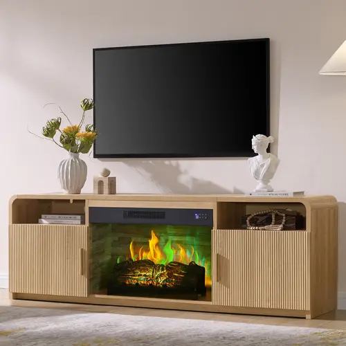 AMERLIFE 70" Fluted Fireplace TV Stand for TVs Up to 80", Modern TV Console with 30" Electric Fireplace & Storage Cabinets, Media Entertainment Center for Living Room[tiktokshopbacktoschool][SohoChic]