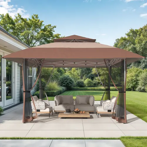 Outdoor Gazebo 10×13 FT for Patio, Metal Frame Canopy with Double Roofs, Heavy Duty Party Tent with Mosquito Netting and Curtains for Backyard, Garden, Lawn and Deck, Coffee, Grey