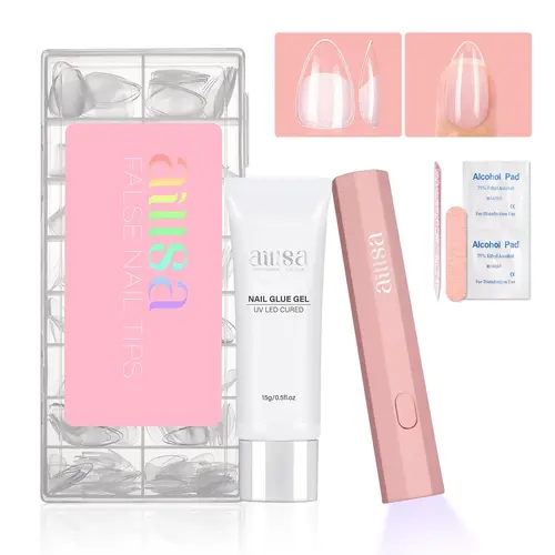 AILLSA Press On Nail Kit (Beauty Products) - Full Cover Pre-Filed Tips, 15g Strong Solid Glue Gel, Handheld UV LED Nail Lamp, Smooth Clean Base, Quick Curing On the Go for DIY Extensions,sohochic