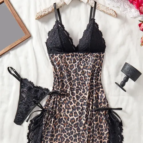 Women's Leopard Print Lace Mesh Deep V Neck Nightdress, Side Slit Bow Design, Comfortable Sleepwear with Panties