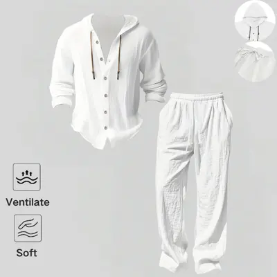 2-Piece Set Men's lightweight Trendy Hooded，Made From Soft Linen，Casual Vacation Style, Loose Fit Breathable Fabric,Long Hoodie & Wide-Leg Pants, Summer Wear outdoorfun Sweatshirt Clothes Fashion Trouser
