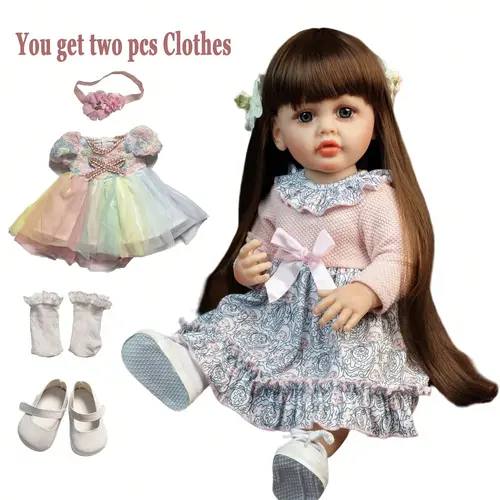 KEIUMI Reborn Doll - 22in (55cm) Lifelike Newborn Vinyl Baby Girl Doll, Long Brown Hair, Blue Eyes, Pink Bow Floral Dress, White Canvas Shoes, Bonus: Rose Dress, Beaded Headband, Lace Socks, Milk Bottle, Ideal Gift for Kids 3+ (Birthday, Christmas),sohoch