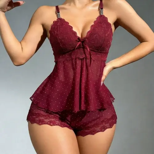 Women's Polka Dot Sexy Pajama Set, Elegant Mesh Lace Design, Strap Top + Shorts, Soft Comfortable Sleepwear for All Seasons Lingerie