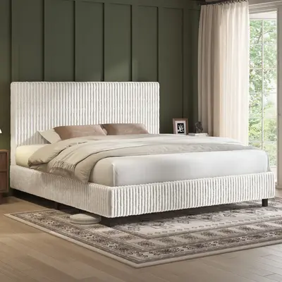 AMERLIFE Upholstered Bed Frame, Corduroy Platform Bed with 3.5" Thick Gap-Free Headboard, Fully Padded, Metal Frame with Strong Slats, No Box Spring Needed[tiktokshopbacktoschool][SohoChic]