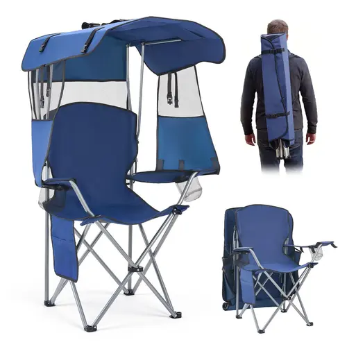 Unisex Portable Outdoor Camping Chair - Carbon Steel Frame, Canopy Sun Protection, Foldable Design, 1 Magazine Pocket, 2 Cup Holders, 330 lbs Heavy Duty Support, Carry Bag with Adjustable Strap, Deep Blue Camping Gear for Hiking/Fishing #SohoChic