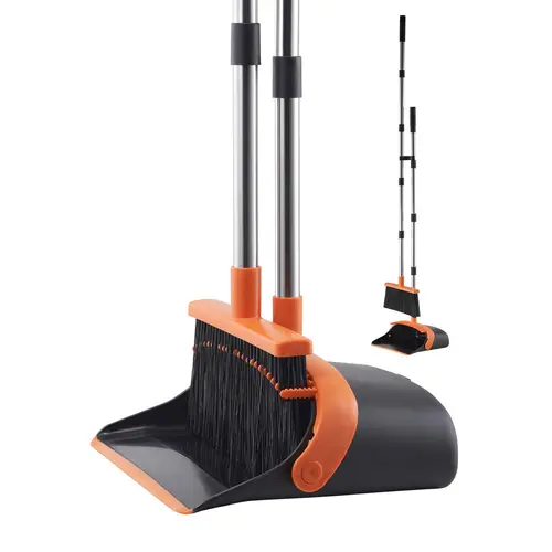 VEVOR Broom and Dustpan Set, Heavy Duty Dustpan and Broom Combo with Self-Cleaning Teeth, Metal Upright Standing Dust Pan with Long Handle, Ideal for Home, Restaurant, Office, Dorm, Black+Orange#BackToSchool