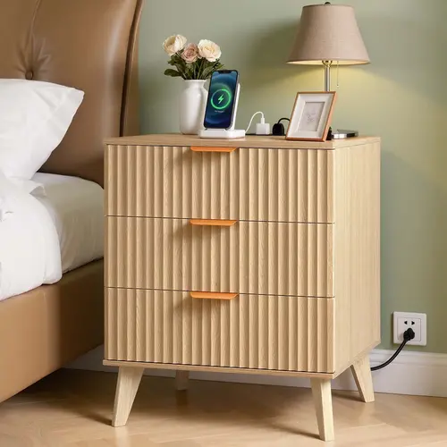 VEVOR Mid-Century Modern Khaki Fluted Panel Particle Board Bedside Table with 3 Drawers, 1 USB Port Charging Station, Home Decor for Modern Bedroom, Quick-Setup Storage Nightstand#SohoChic