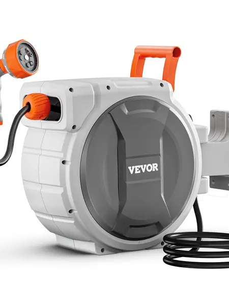 VEVOR Wall Mount Retractable Garden Hose Reel, 5/8 in x 100 ft, 600psi Burst Frost-Ready PP Shell Suits Outdoor Use, Heavy Duty with 9 Spray Settings, Adjustable Length Lock, Upgraded Slow Rewind System & 180° Swivel Ease Bracket for Car Washing