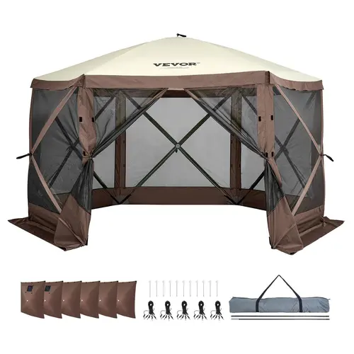 【Backtoschool】VEVOR Camping Gazebo Screen Tent,  12*12ft, 6 Sided Pop-up Canopy Shelter Tent with Mesh Windows, Portable Carry Bag, Stakes, Large Shade Tents for Outdoor Camping, Lawn and Backyard, Brown/Beige