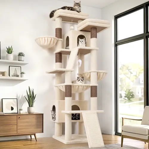 DESKAT 75-Inch Cat Tree for Large Cats, Multi-Level Tall Cat Tower for 2-3 Indoor Cats with 2 Condos, 2 Hammocks, 3 Perches and Scratching Board,