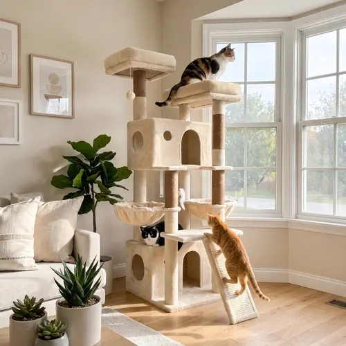 DESKAT 64in Heavy-Duty Cat Tree with Scratching Posts, Dual Hanging Baskets & Condos - Large Multi-Level Furniture for Multiple Indoor Cats
