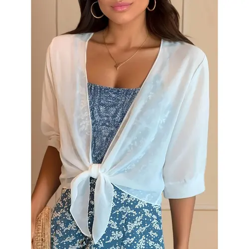 Women's Plain Airy Chiffon V-Neck Cardigan - Half-Sleeve Short Tie-Knot Open-Front Shrug, Sheer Light Dress-Layer Ready Lightweight Sunscreen Cover-Up,sohochic