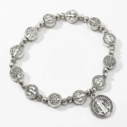 Vintage Saint Benedict Rosary Bracelet for Men, Titanium Steel with Benedict Medal Beads, Scratch-Resistant Stretch Fit, 8.26 in Vintage Tone Retro Fashion, Wrist Stack, Religious Beading Layout, Protective Packaging, Wipe Clean, Male,sohochic